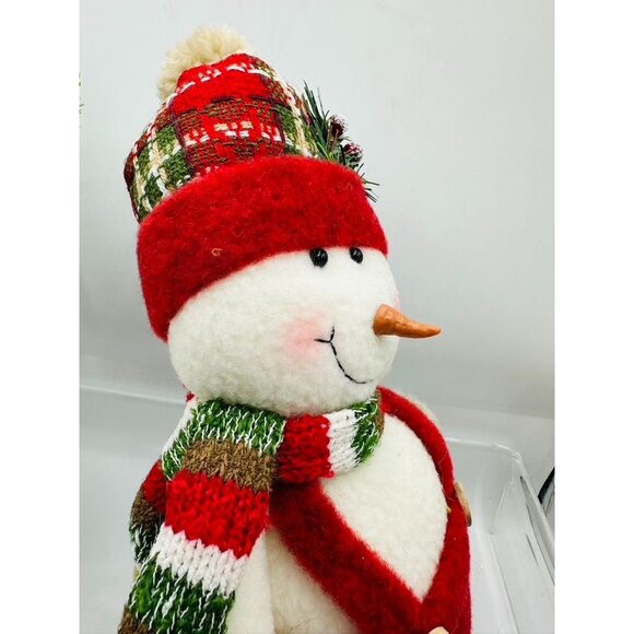 Christmas Snowman Plush Shelf Sitter Red Plaid Hat Beaded Legs Holiday Decor - Picture 6 of 10